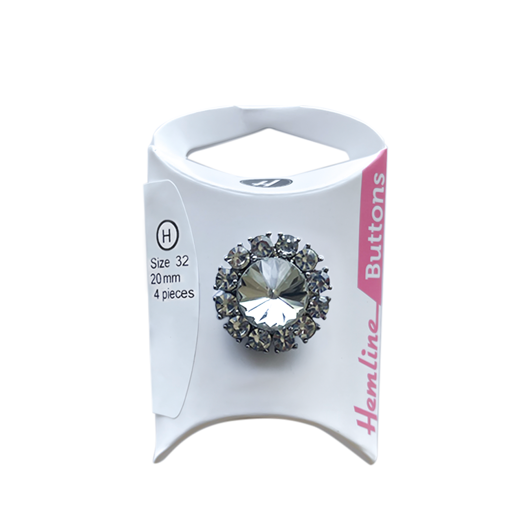 Botón Diamante Redondo 20MM 3 Un Blanco Borde Plata